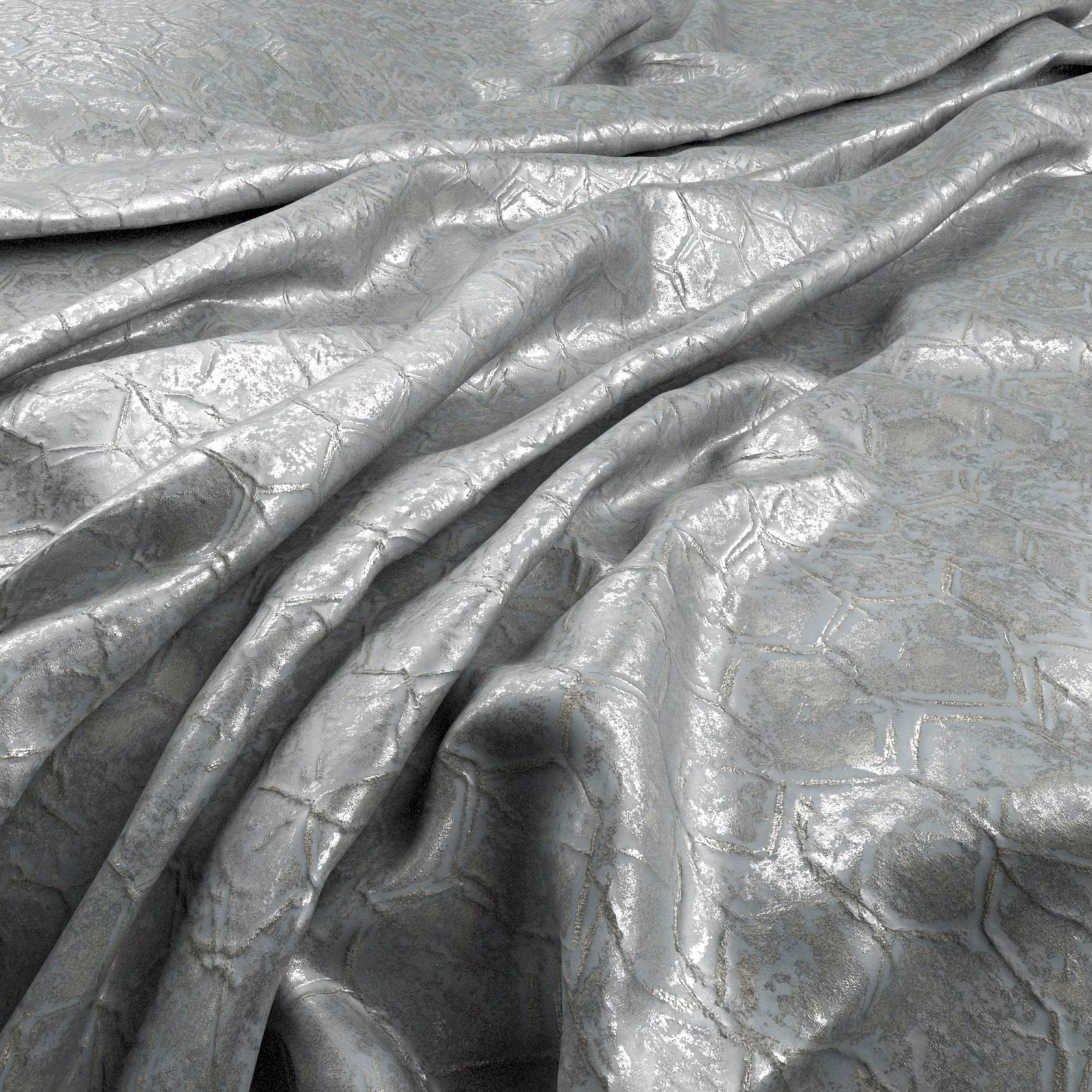 Cool blue-grey metallic fabric with embossed crackle texture and deep draped folds