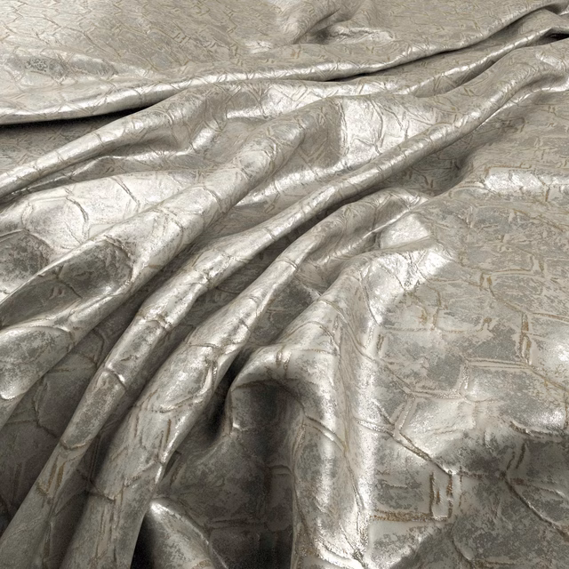 Pale silvery taupe fabric with crinkled folds and fine marbled patterning