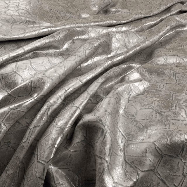 Cool silver-grey fabric with metallic sheen and irregular crackled pattern in soft folds
