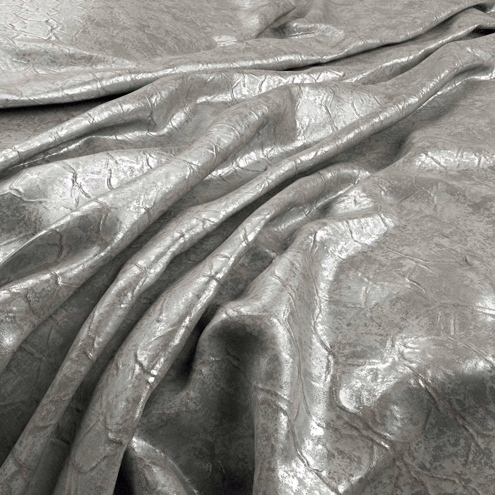 Cool silver-grey crinkled fabric with metallic highlights gathered into soft folds