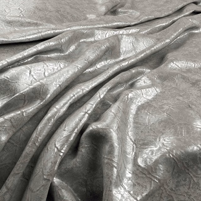 Cool silver-grey crinkled fabric with metallic highlights gathered into soft folds