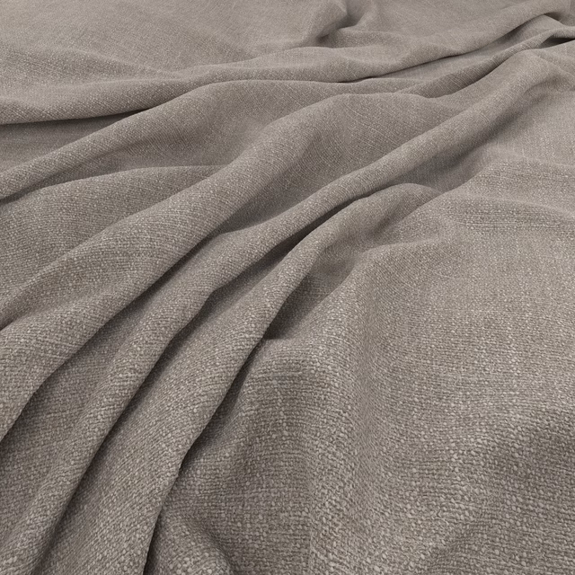Close-up of taupe-grey woven fabric gathered into soft, shadowed folds