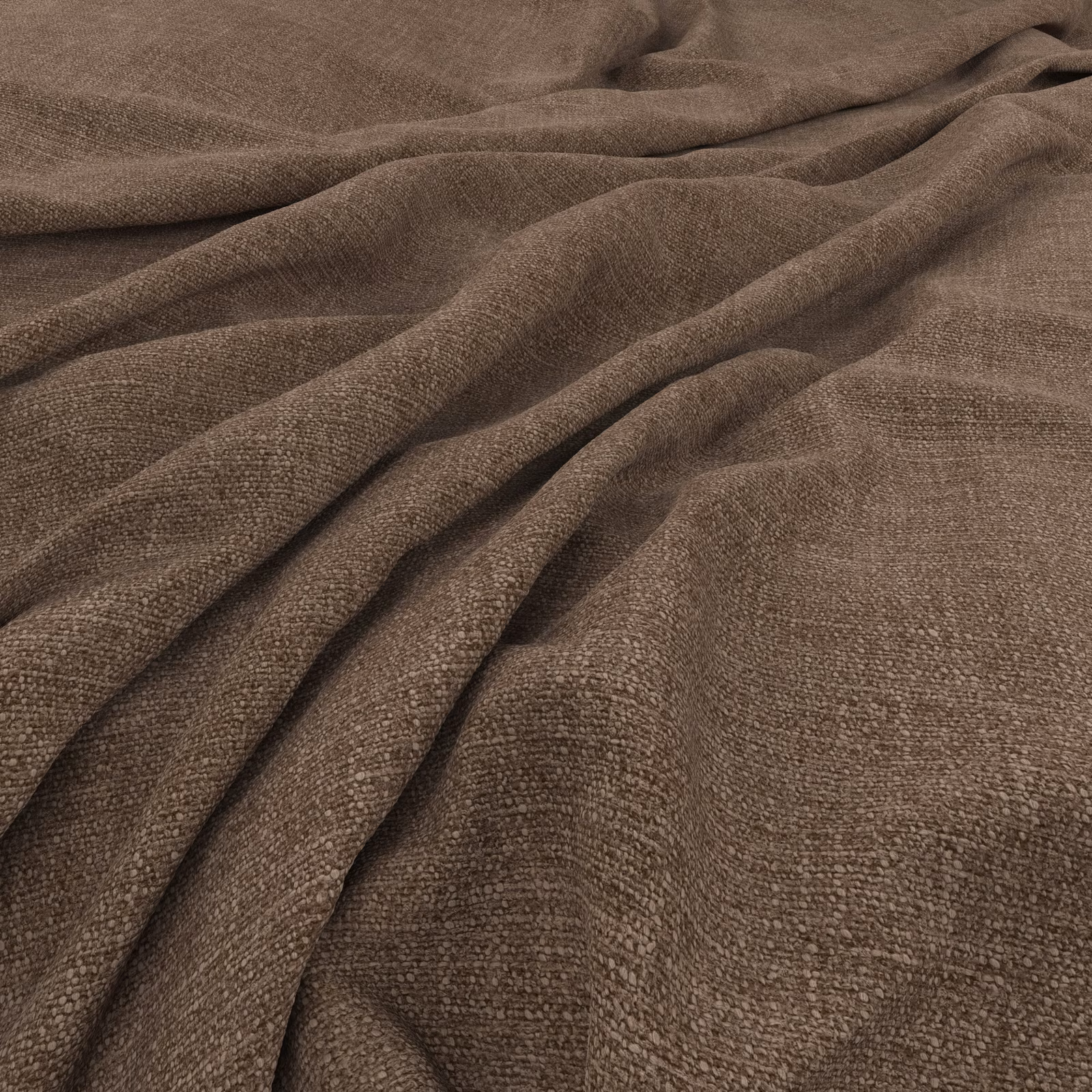 Warm mushroom-brown woven fabric draped in folds, showing a softly nubby textured surface