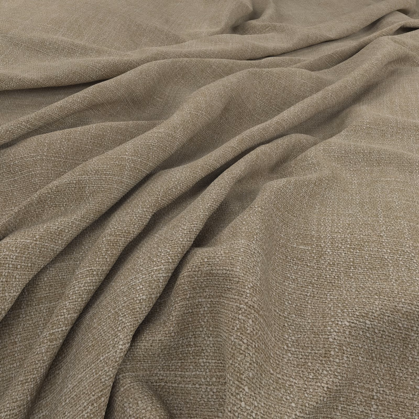 Taupe-grey woven cloth with softly nubby texture arranged in gathered folds