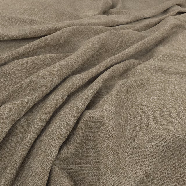 Taupe-grey woven cloth with softly nubby texture arranged in gathered folds