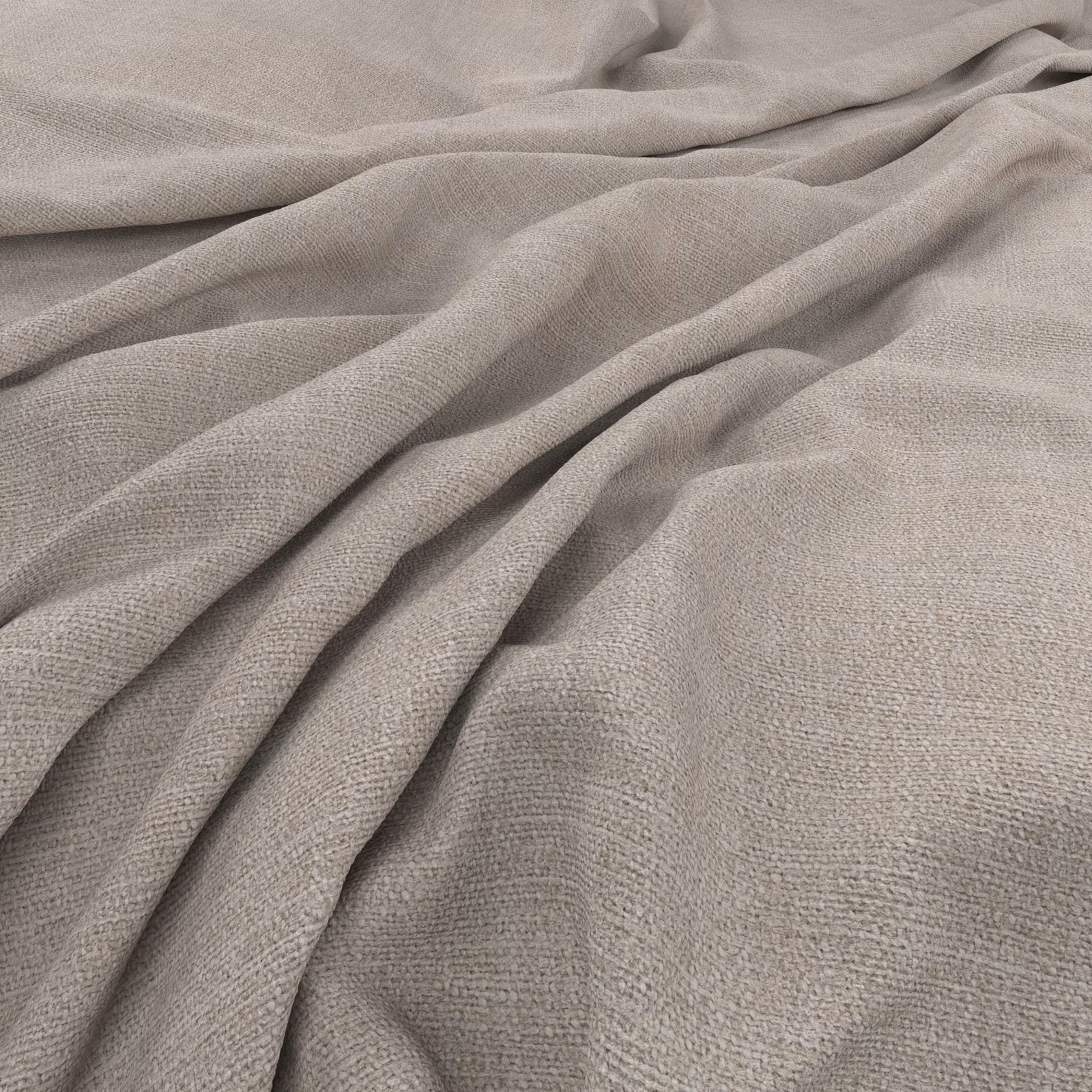 Soft mushroom taupe fabric with a fine woven texture folded into fluid draped waves