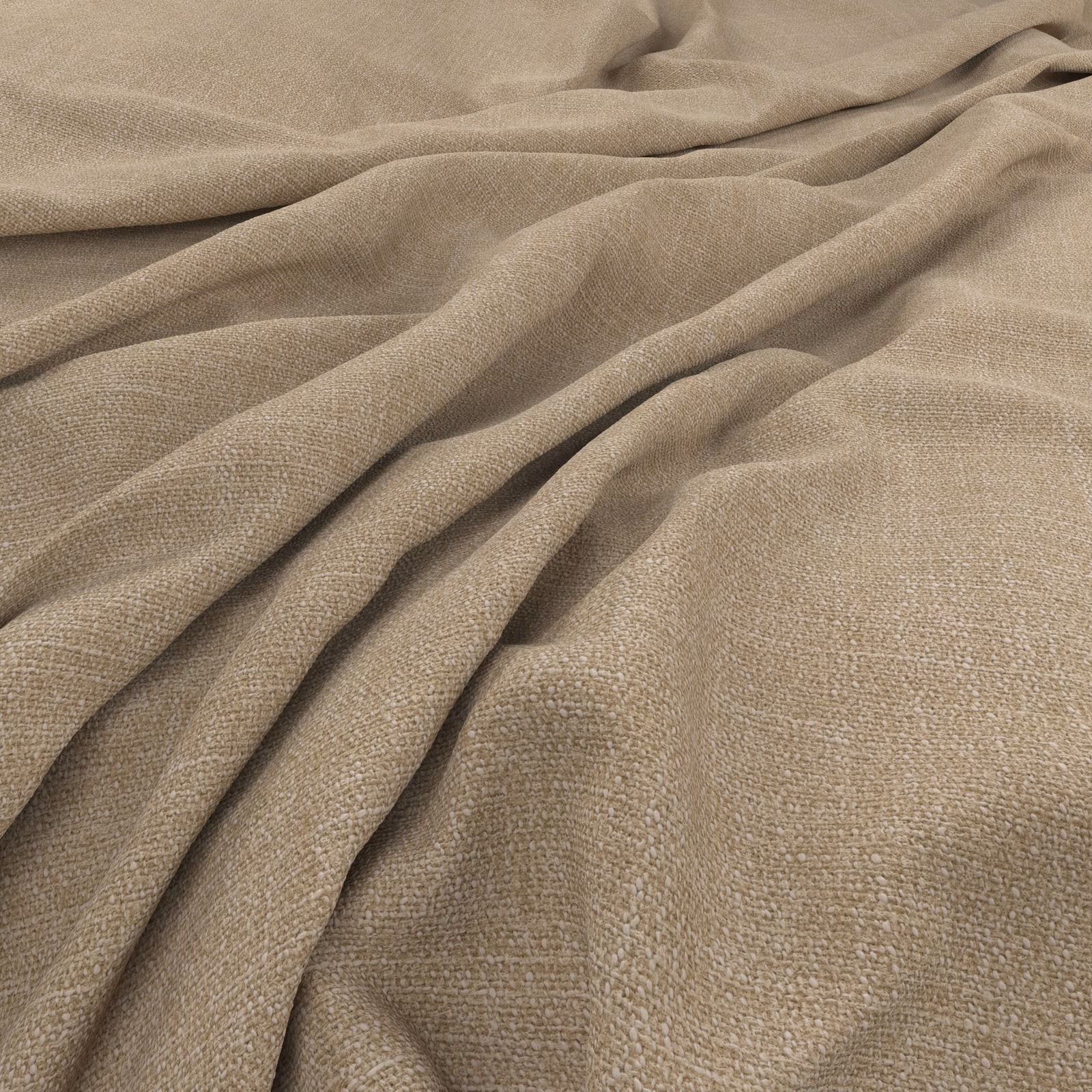 Warm sand-taupe woven fabric draped in folds, showing a fine subtly mottled texture