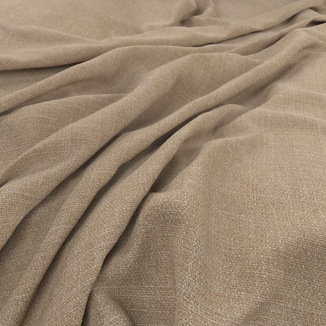 Warm sand-taupe woven fabric draped in folds, showing a fine subtly mottled texture