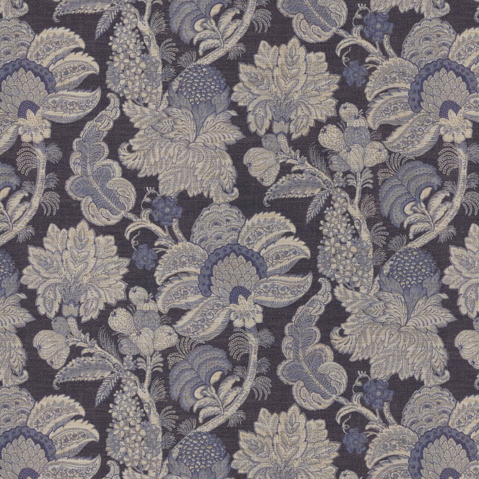 Deep indigo floral and paisley fabric with grey-blue woven motifs