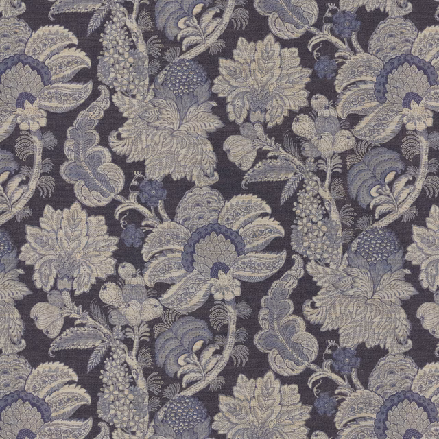 Deep indigo floral and paisley fabric with grey-blue woven motifs