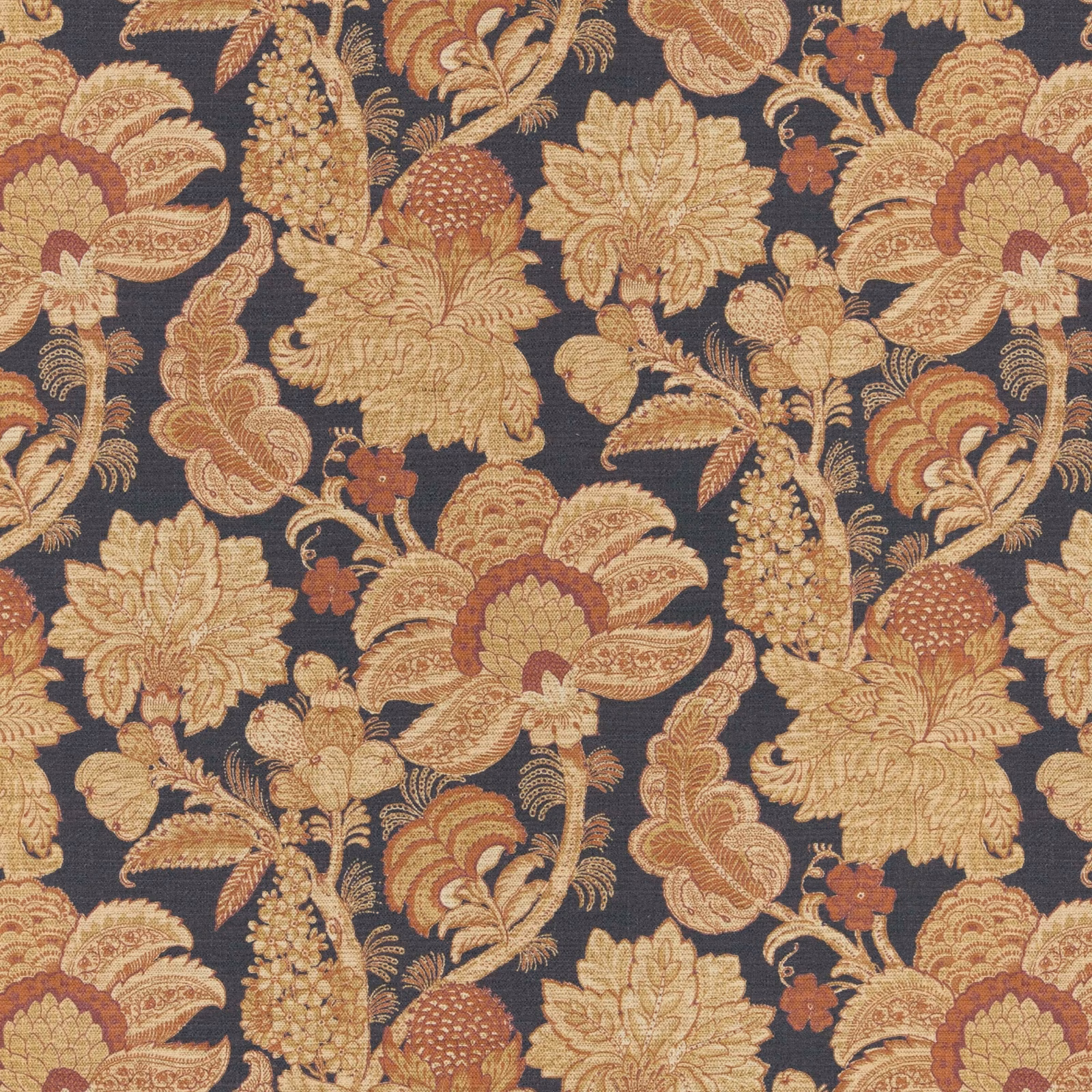 Terracotta and ochre botanical motifs woven over a deep navy fabric ground