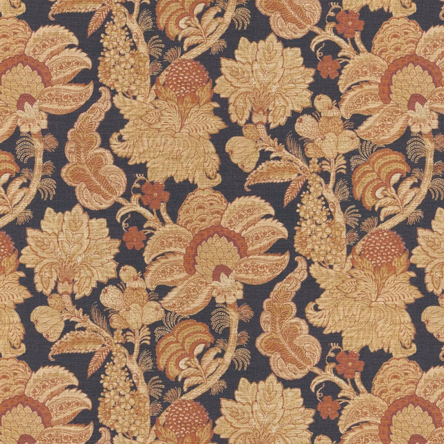 Terracotta and ochre botanical motifs woven over a deep navy fabric ground