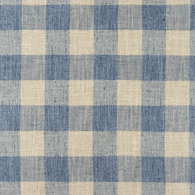 Muted denim-blue and cream woven check with smaller diamond motifs and tactile texture