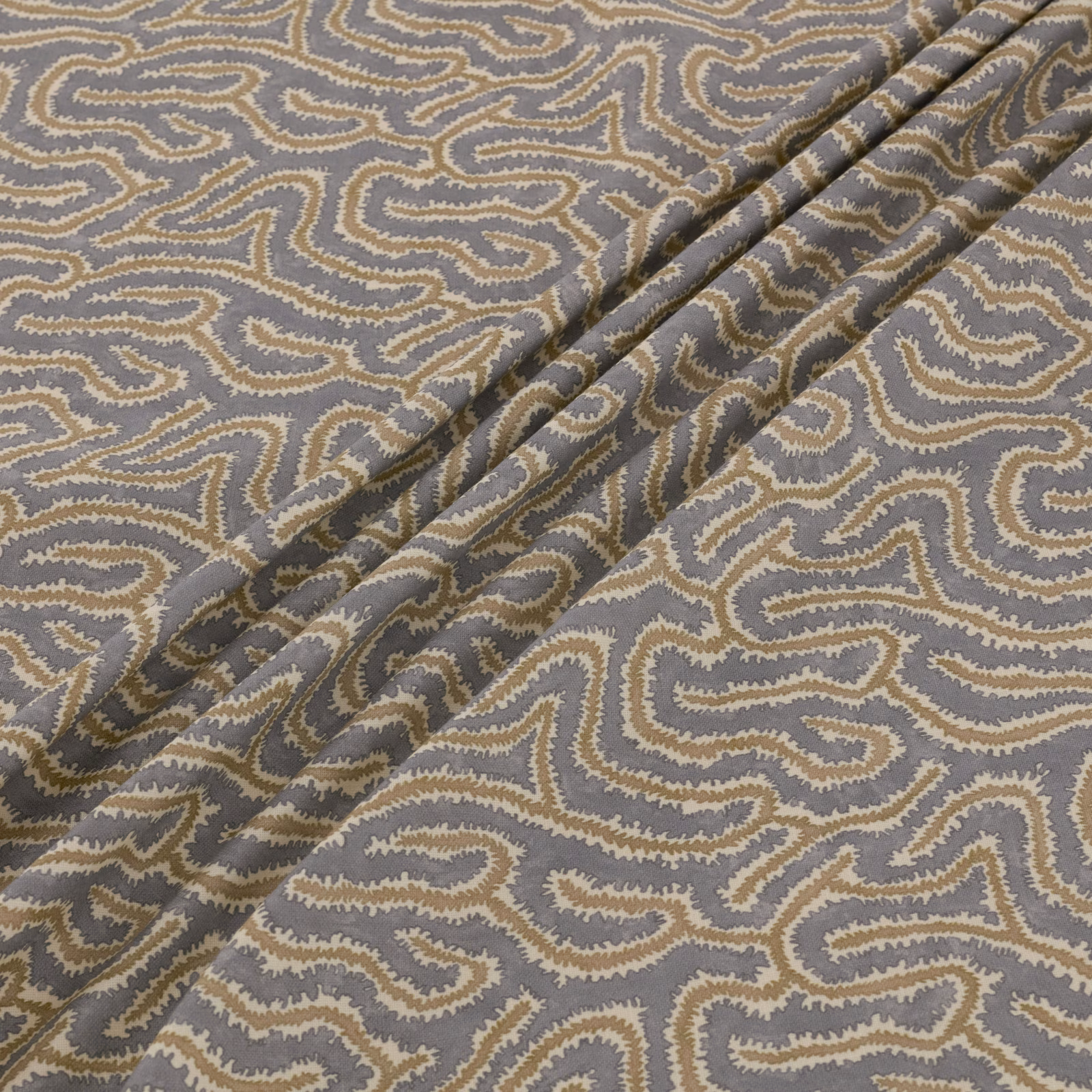 Cool taupe-grey fabric with ivory and muted olive meandering textured pattern