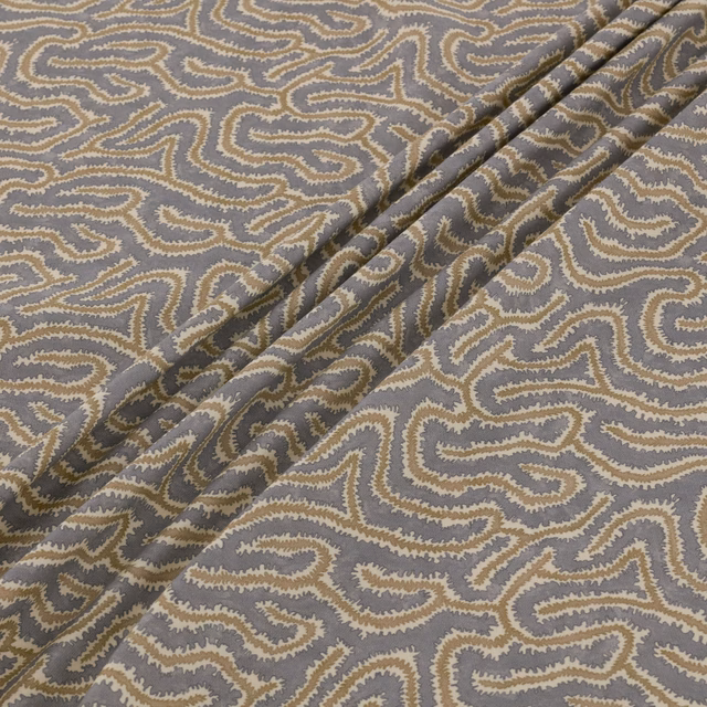 Cool taupe-grey fabric with ivory and muted olive meandering textured pattern