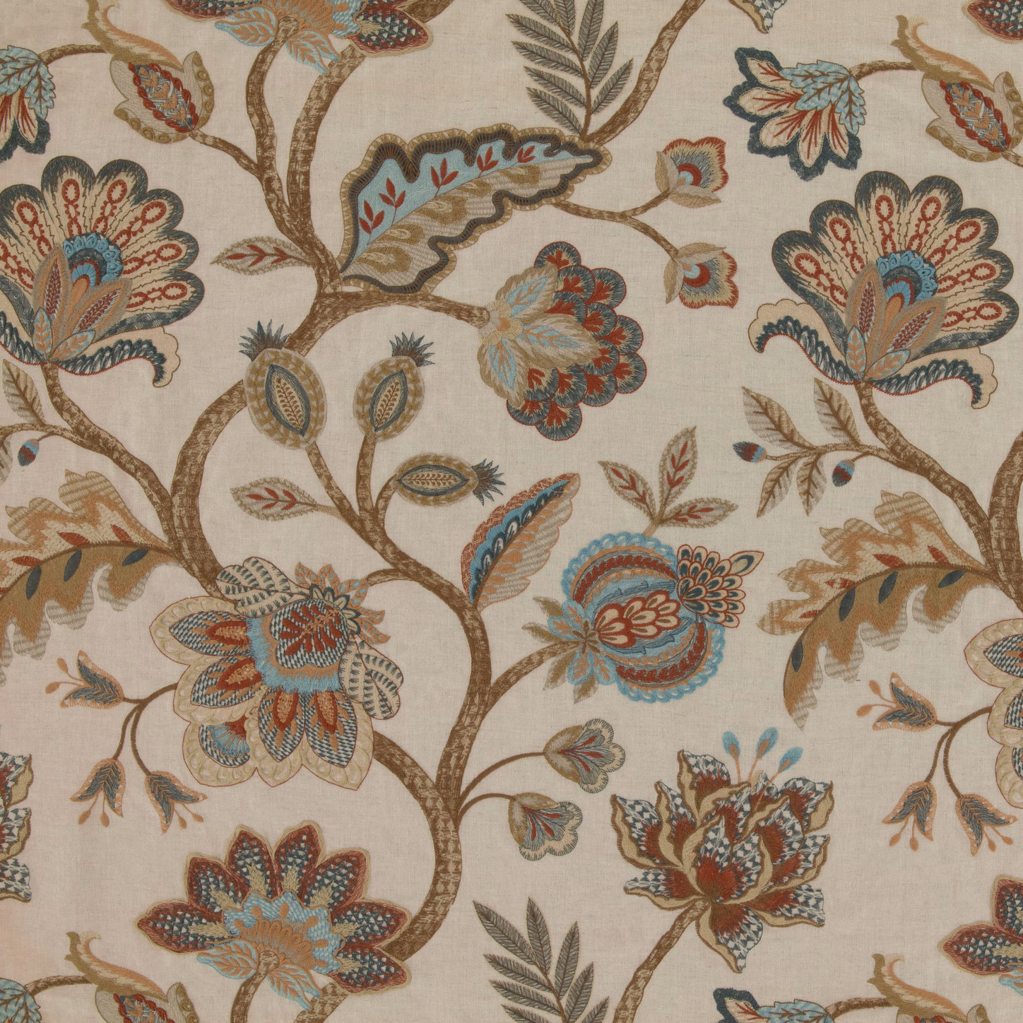 Oatmeal Oakmere Chintz swatch with teal, rust and brown floral branches