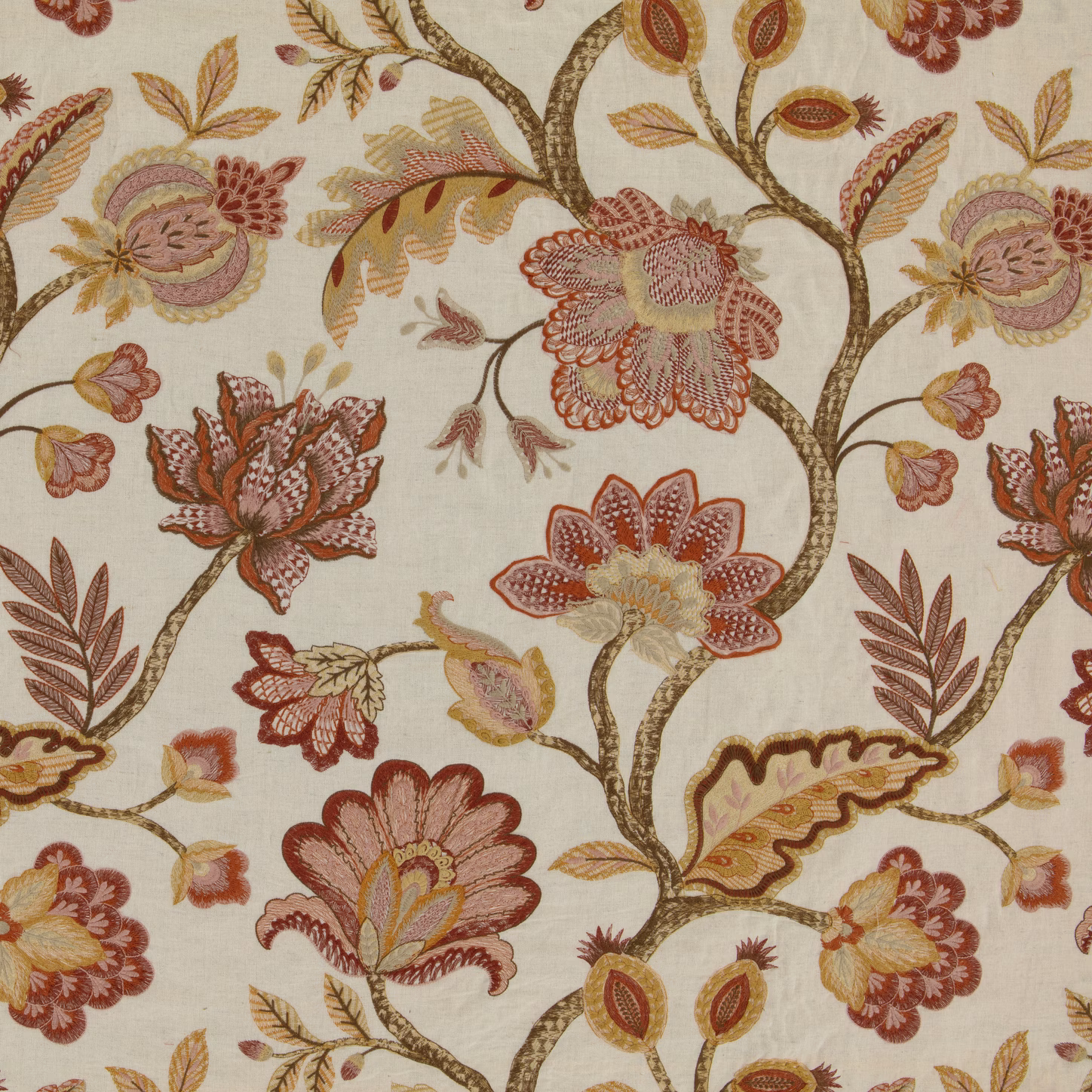 Cream floral fabric with terracotta blooms, burgundy flowers and olive branches