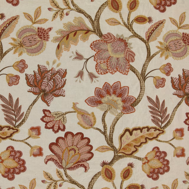 Cream floral fabric with terracotta blooms, burgundy flowers and olive branches