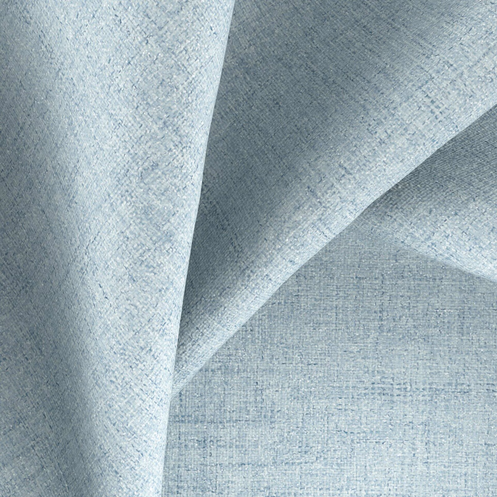 Pale blue-grey textile with fine crosshatched weave folded into soft pleats