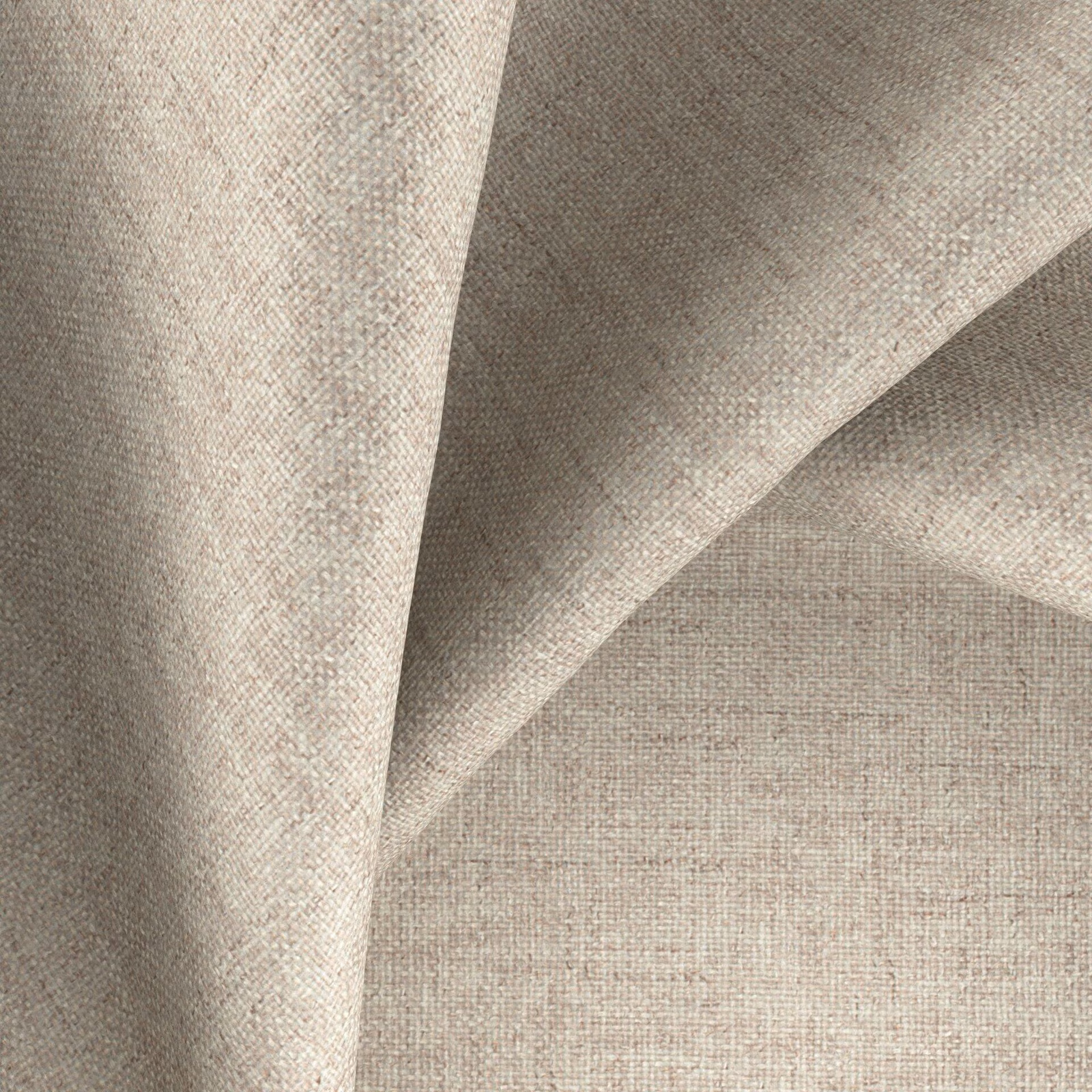 Pale greige woven textile with fine crosshatch texture and softly folded drape