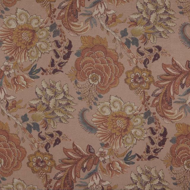Warm buff-taupe floral fabric with oversized rust, olive and blue botanical motifs