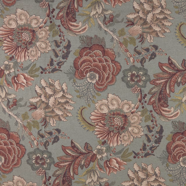 Muted blue-grey floral chintz with dusty rose blooms and scrolling leaves