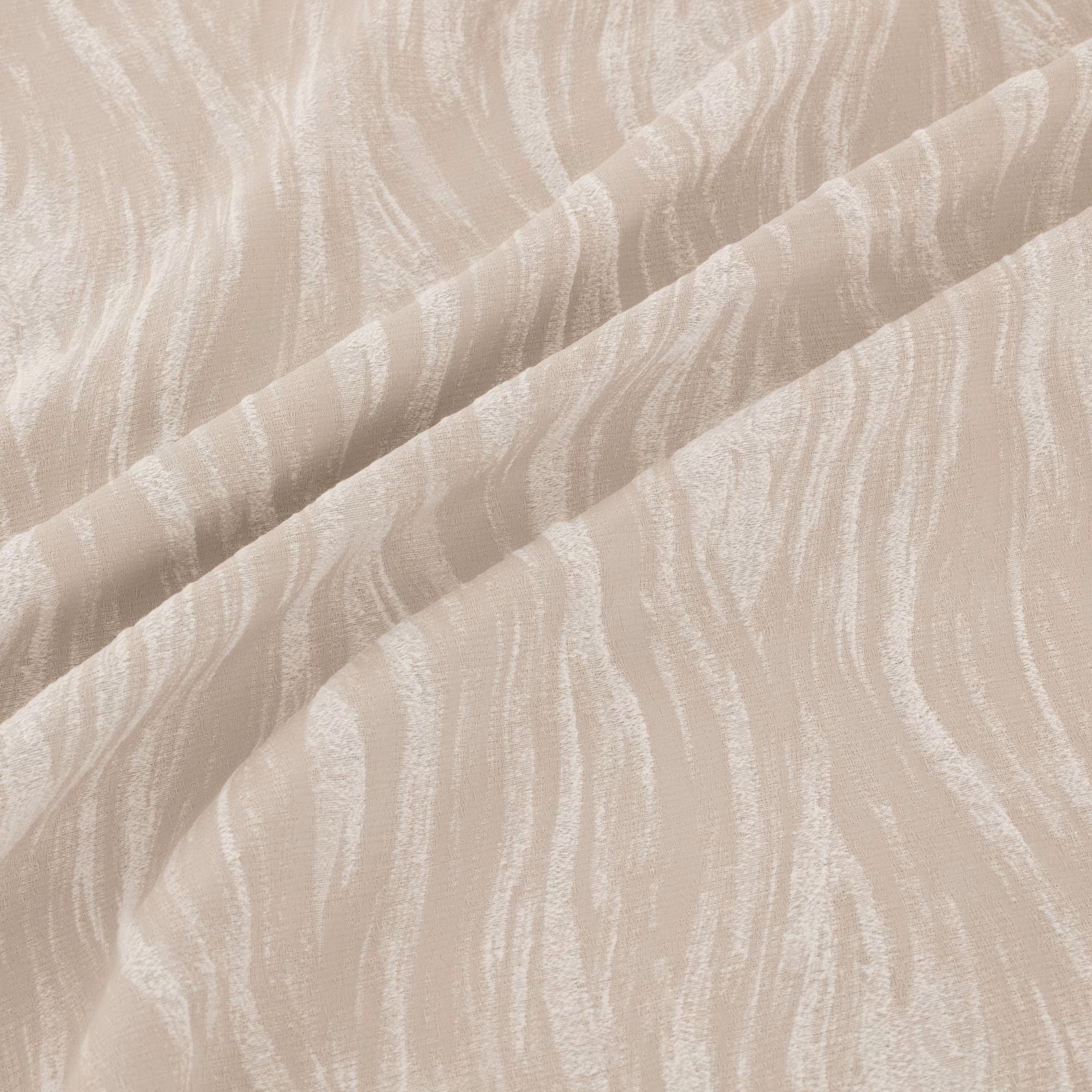 Warm ivory fabric with flowing tonal wave striations and softly raised woven texture