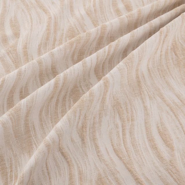 Warm sandstone-beige fabric with fine ivory waves and a softly slubbed weave