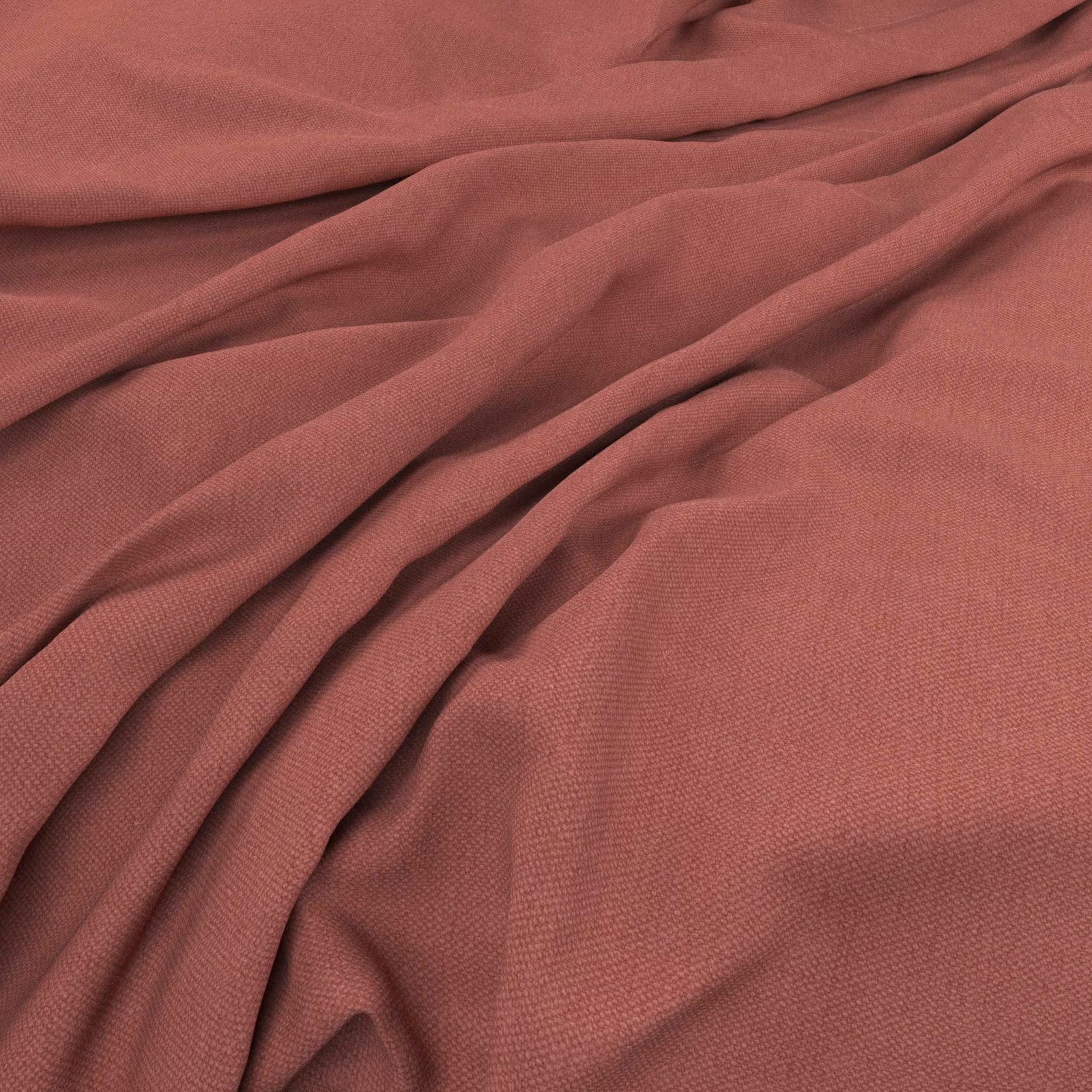 Muted brick-red woven fabric with soft folds and fine plain texture