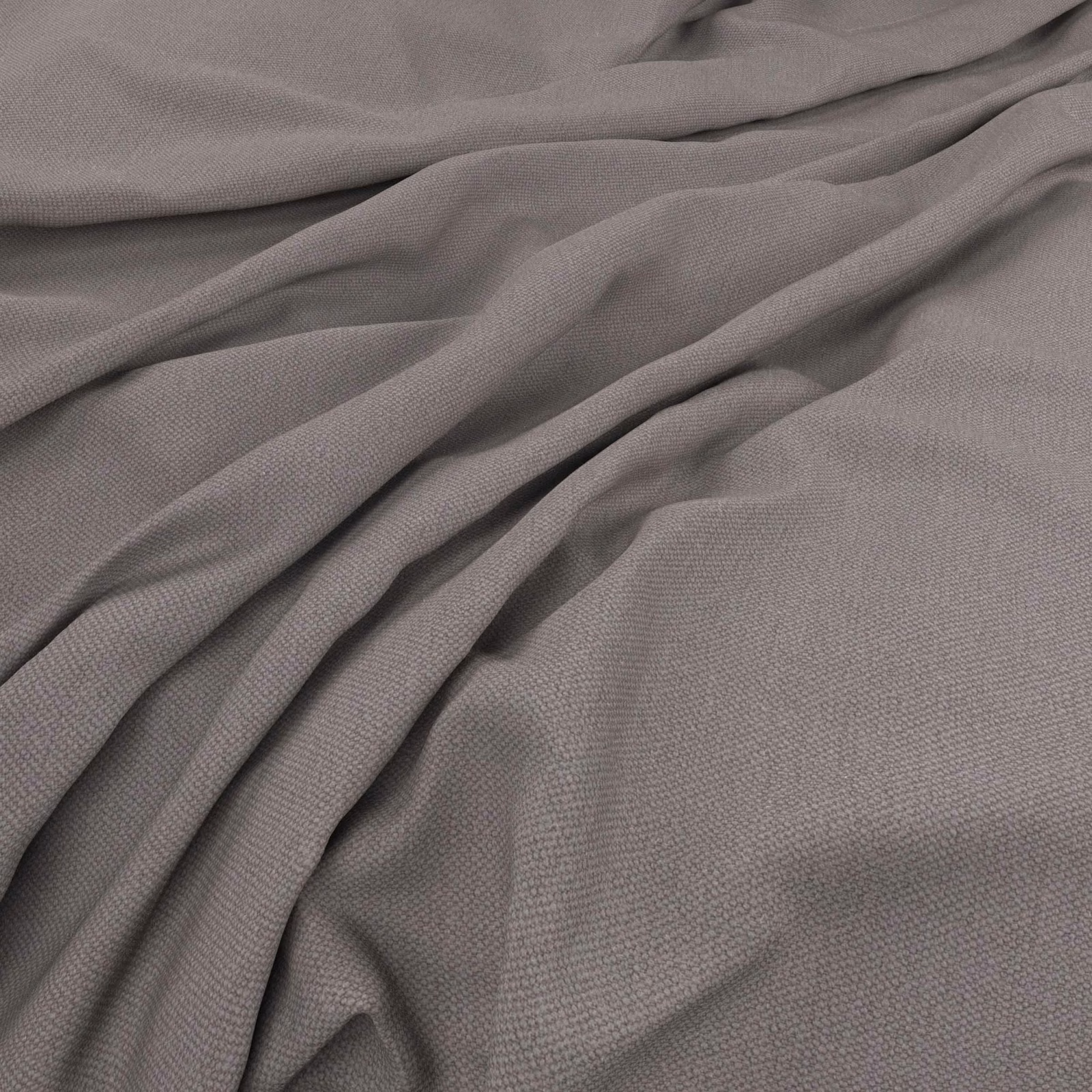 Soft dove grey plain weave fabric with warm taupe undertones arranged in flowing folds
