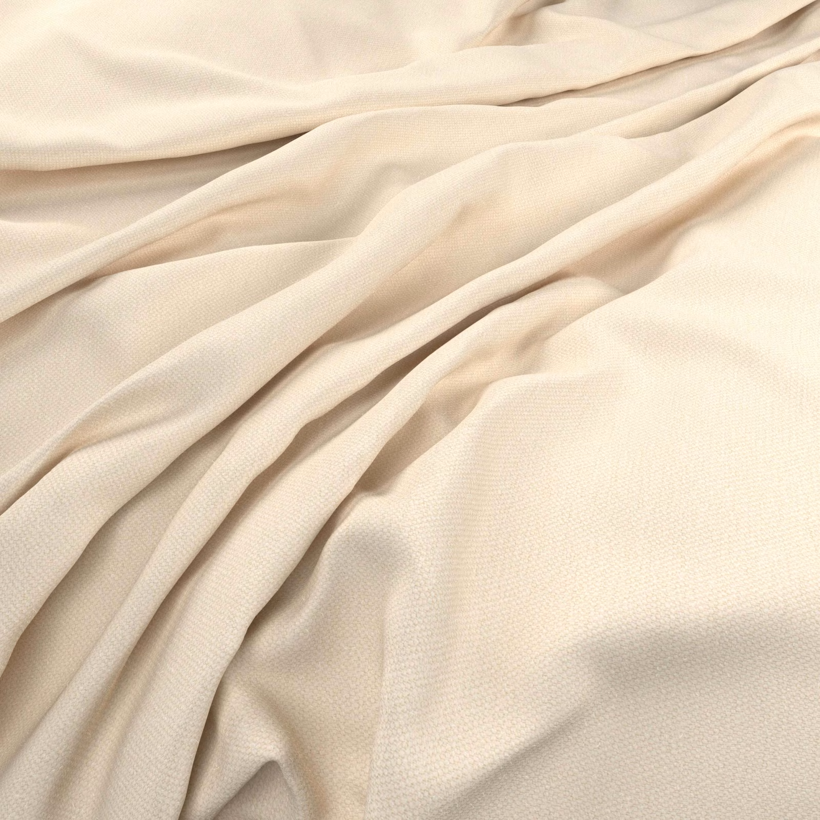 Warm ivory plain-weave fabric gathered into soft folds with subtle surface texture