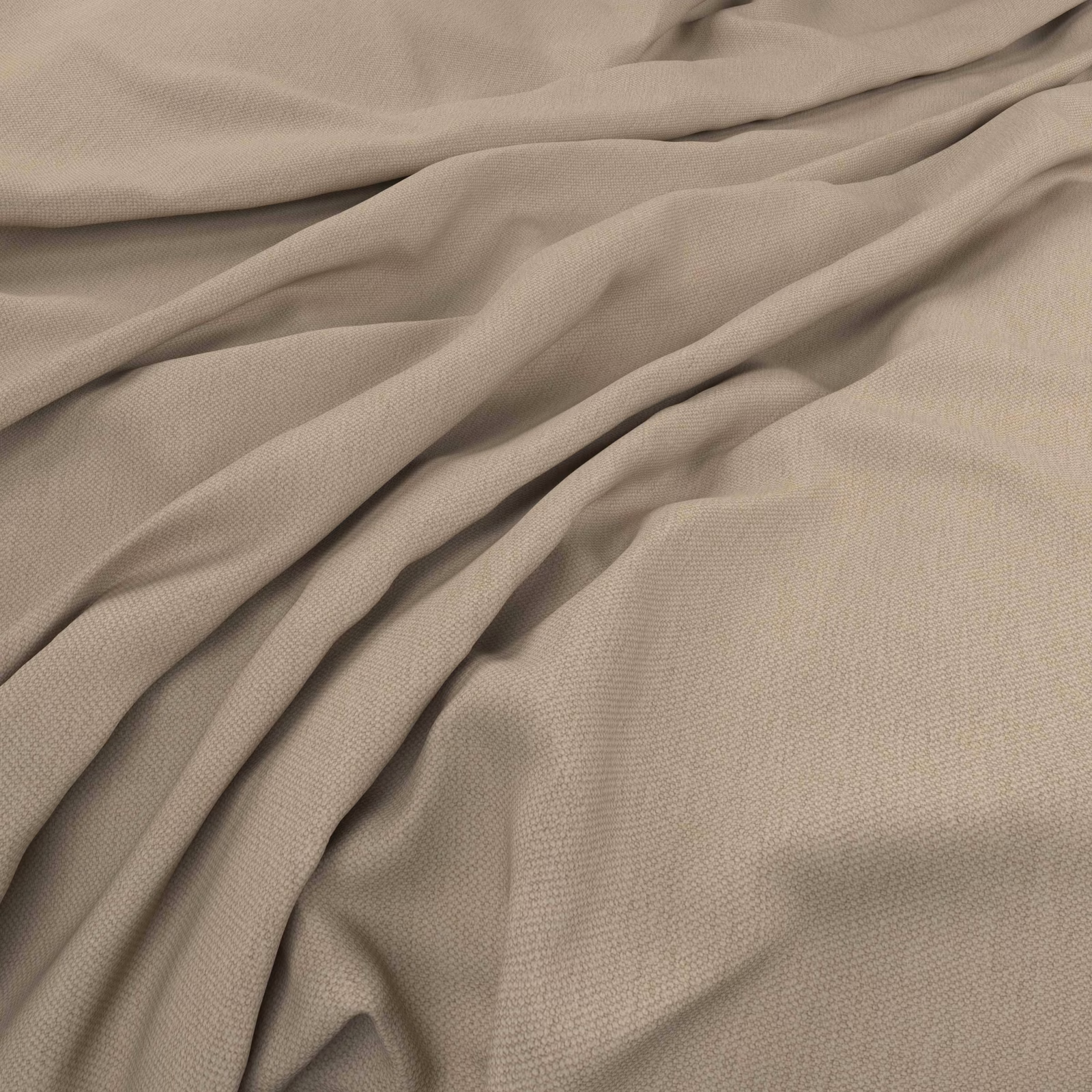 Soft stone taupe woven fabric gathered into fluid folds with fine surface texture