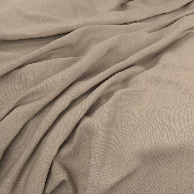 Soft stone taupe woven fabric gathered into fluid folds with fine surface texture