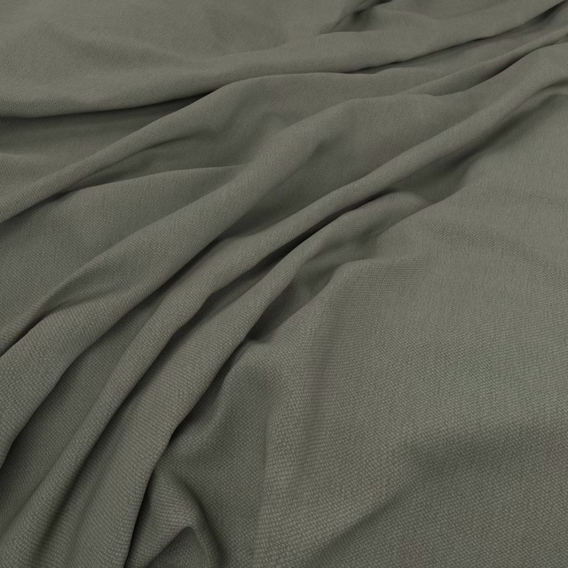 Close plain weave in muted olive-grey, gathered into soft diagonal folds