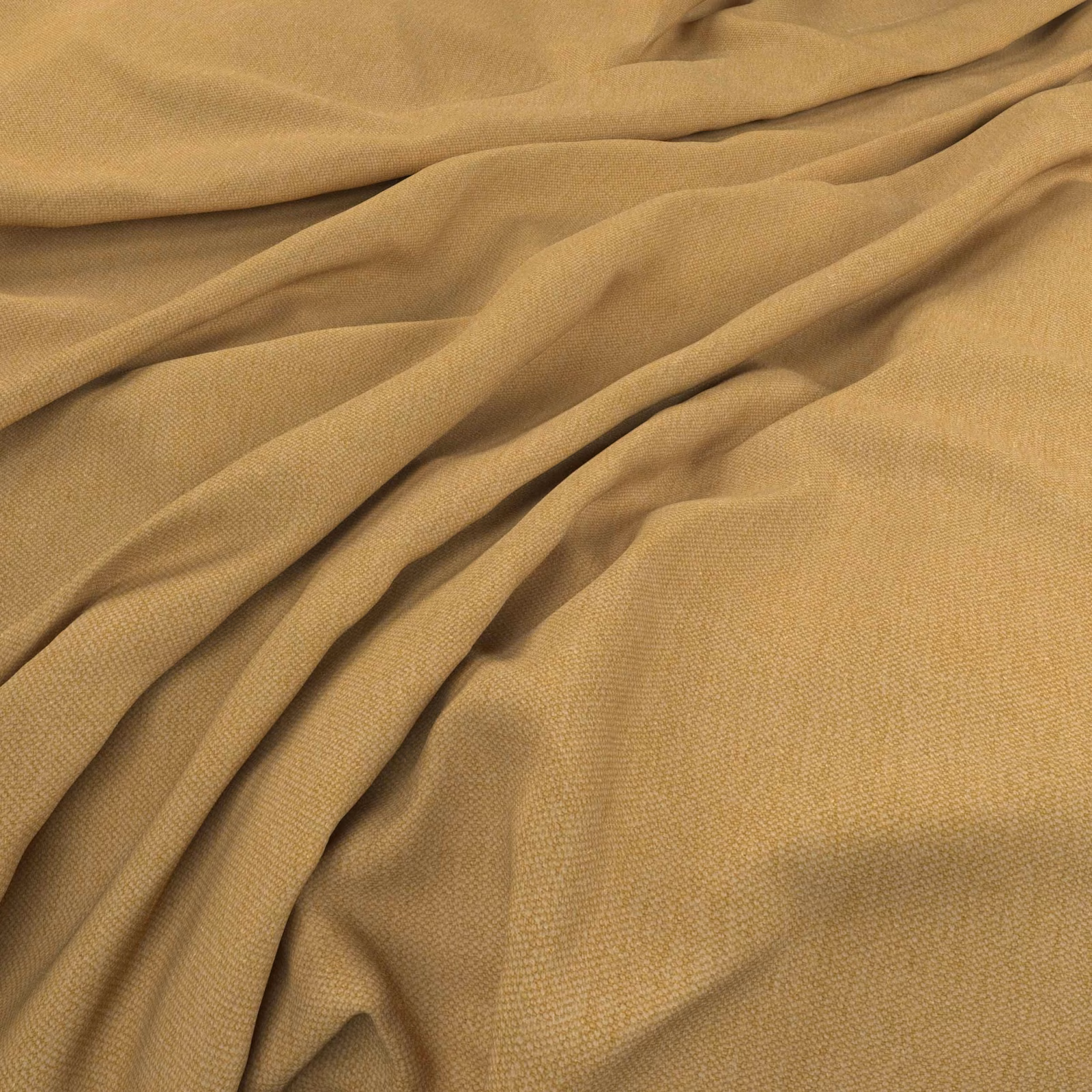 Warm ochre mustard fabric showing a fine weave and softly gathered folds