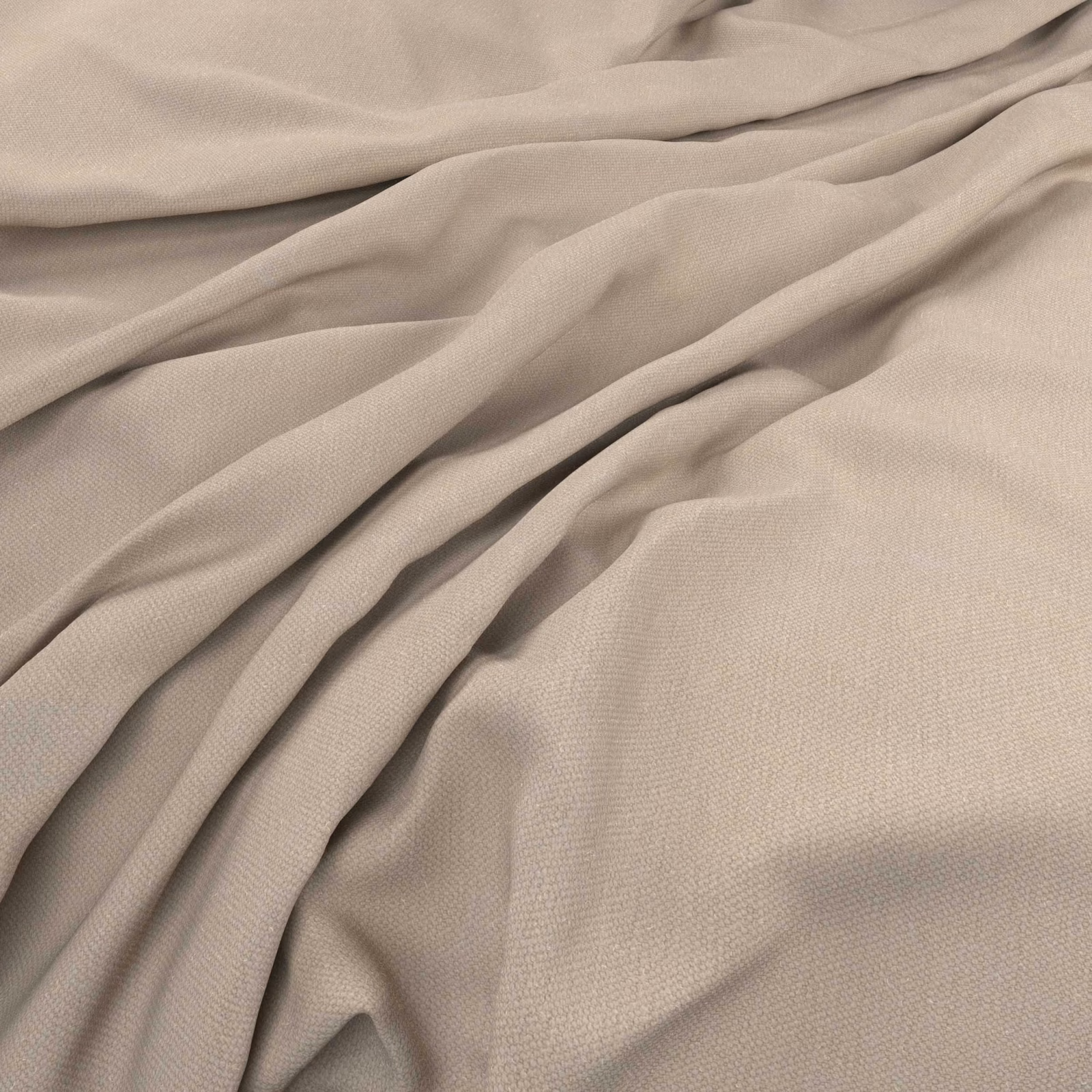 Warm stone-taupe fabric showing a fine weave and softly falling folds