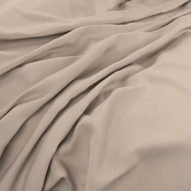 Warm stone-taupe fabric showing a fine weave and softly falling folds