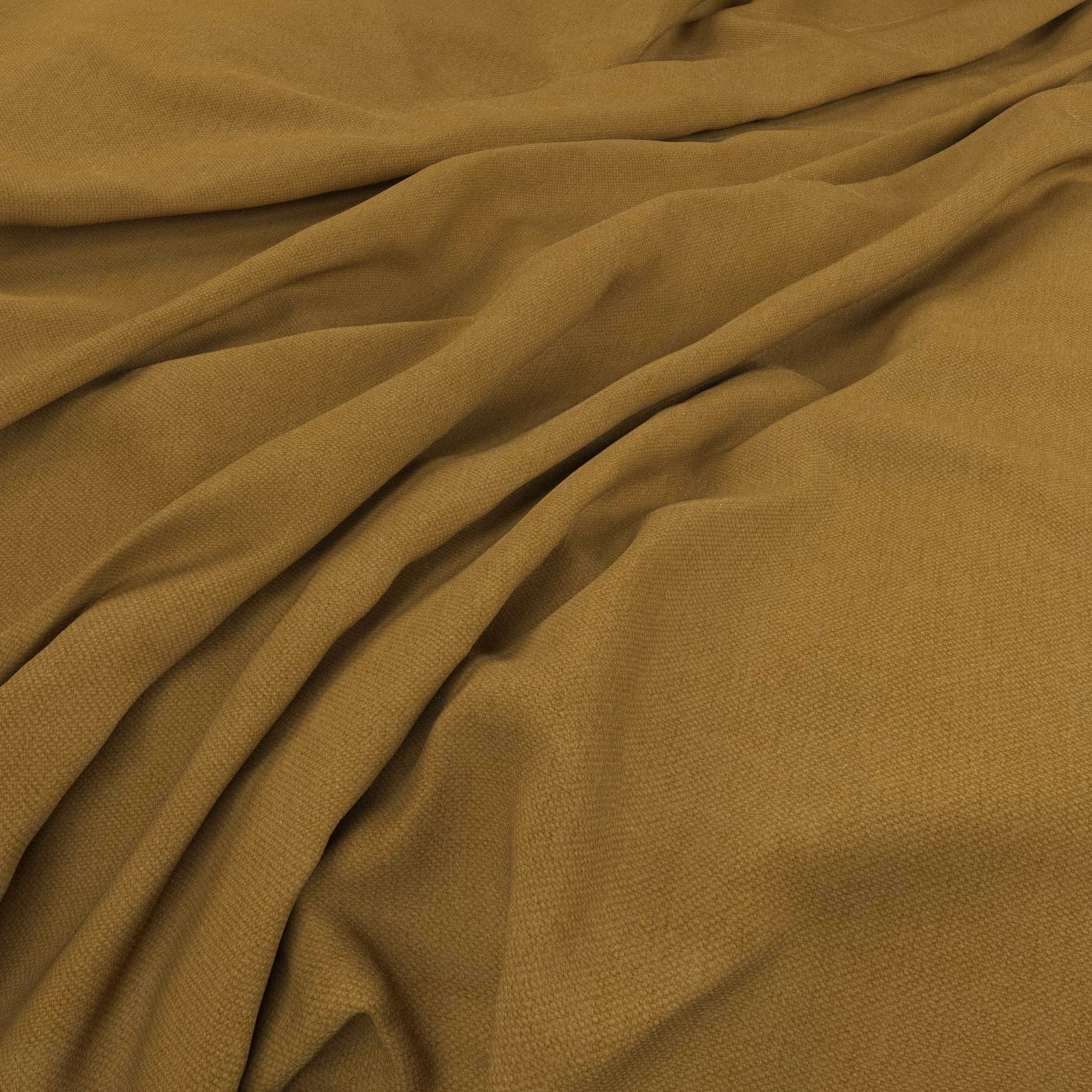 Warm ochre plain weave fabric gathered into soft, fluid folds