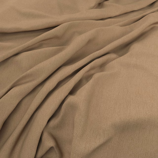 Warm taupe Oxford fabric with fine woven grain and deep draped folds