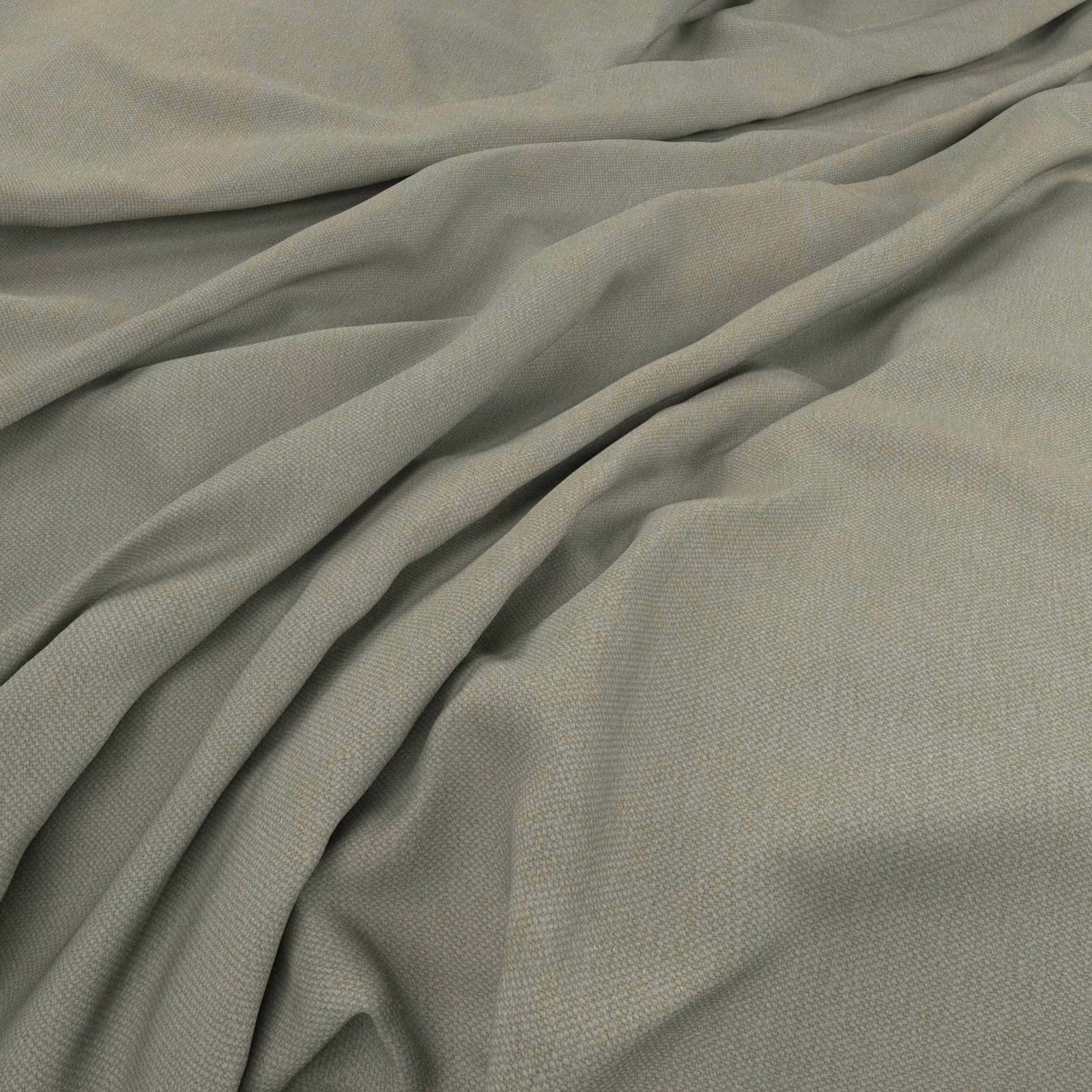 Muted grey-green woven fabric gathered into soft, fluid folds