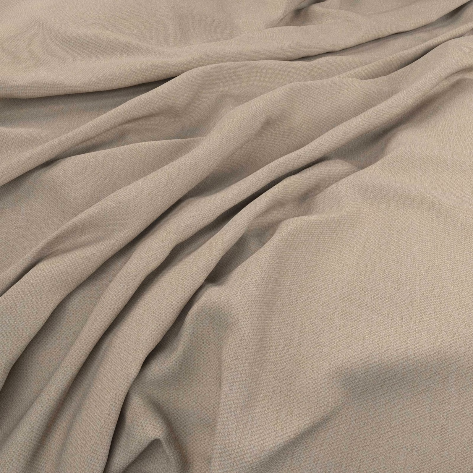 Close-up of warm stone taupe fabric with fine plain weave and soft gathered folds