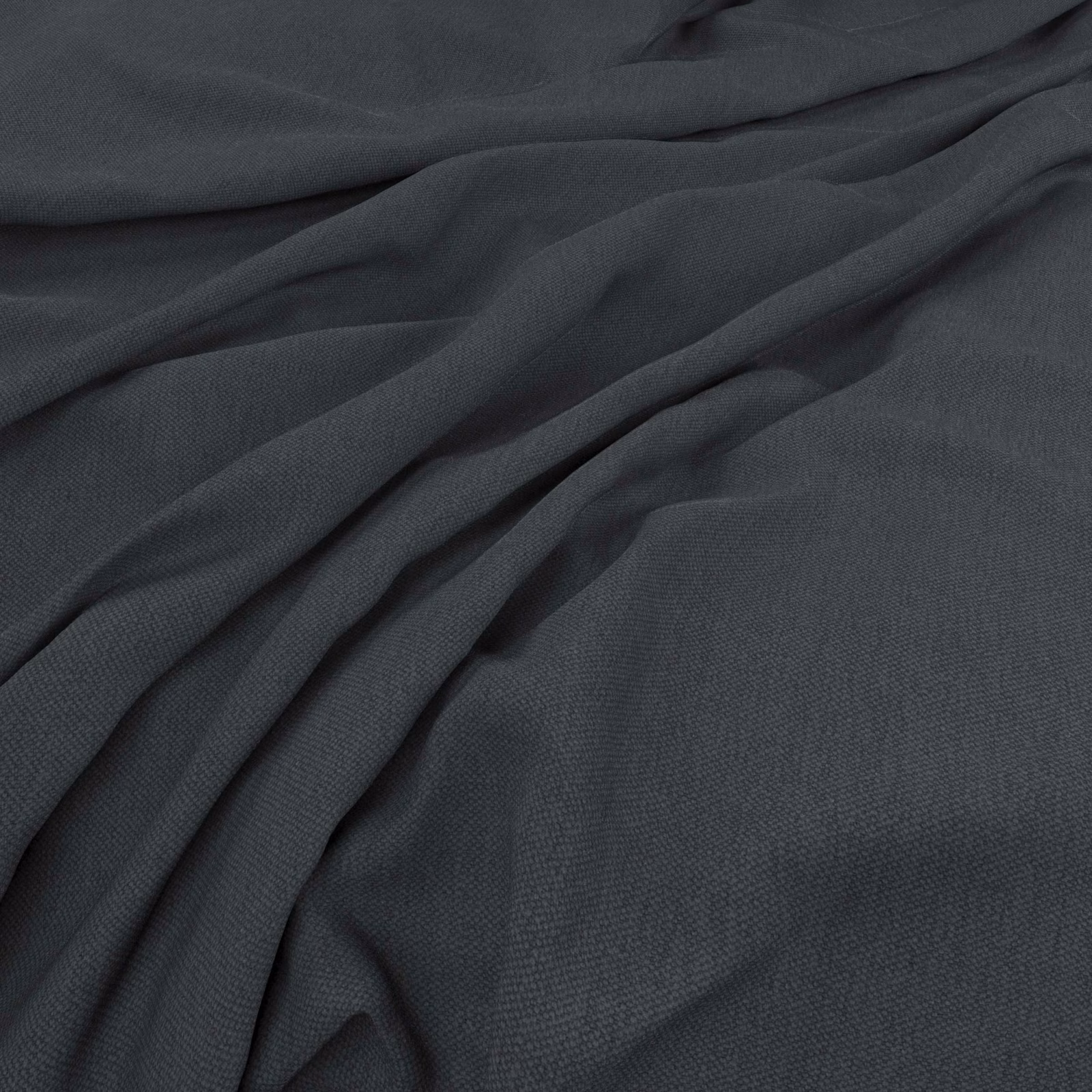 Deep charcoal-grey woven cloth gathered into soft, fluid diagonal folds
