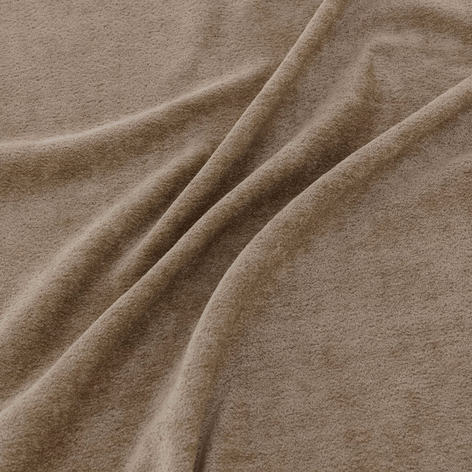 Warm taupe-brown plush textile draped in folds with a softly brushed surface