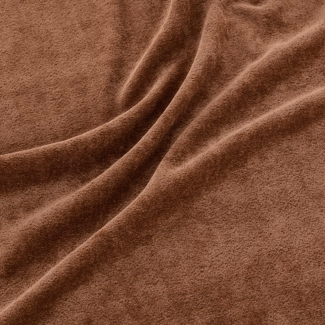 Warm pumpkin-brown plush fabric with softly brushed, velvety texture and draped folds