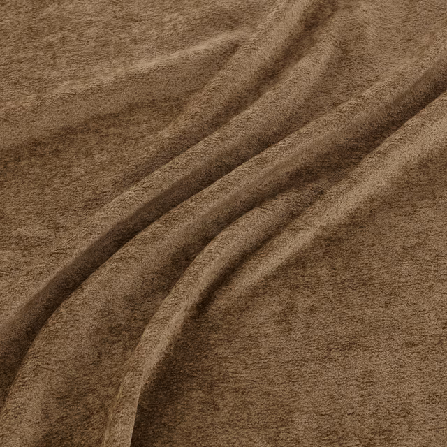 Warm sorrel-brown plush pile fabric gathered into softly shadowed folds