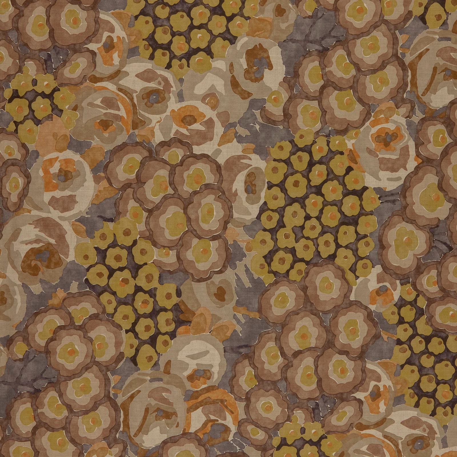 Burnished olive, taupe and ochre floral fabric with layered painterly blooms