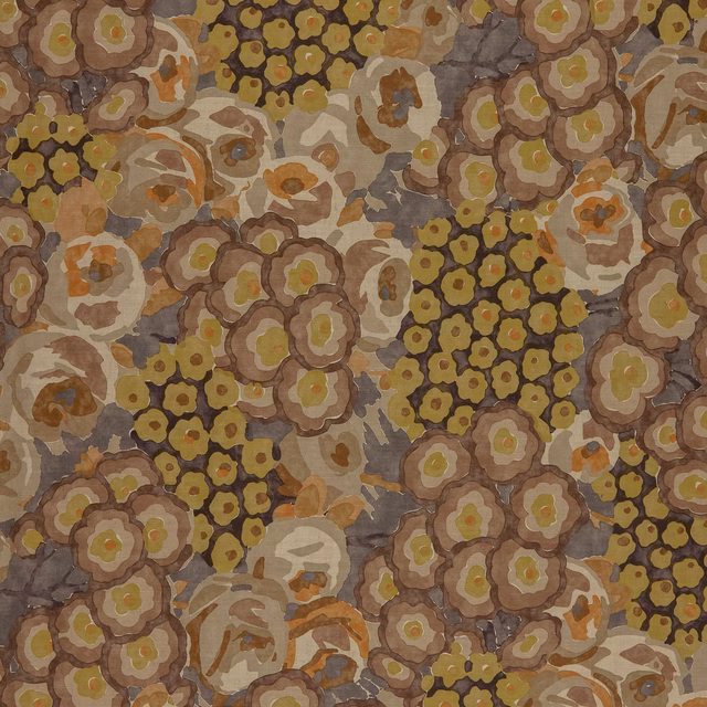 Burnished olive, taupe and ochre floral fabric with layered painterly blooms