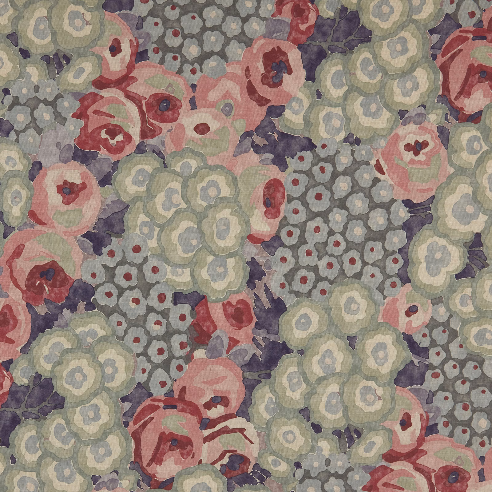 Cerise, sage and grey painterly floral motifs on a softly mottled ground