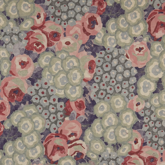 Cerise, sage and grey painterly floral motifs on a softly mottled ground