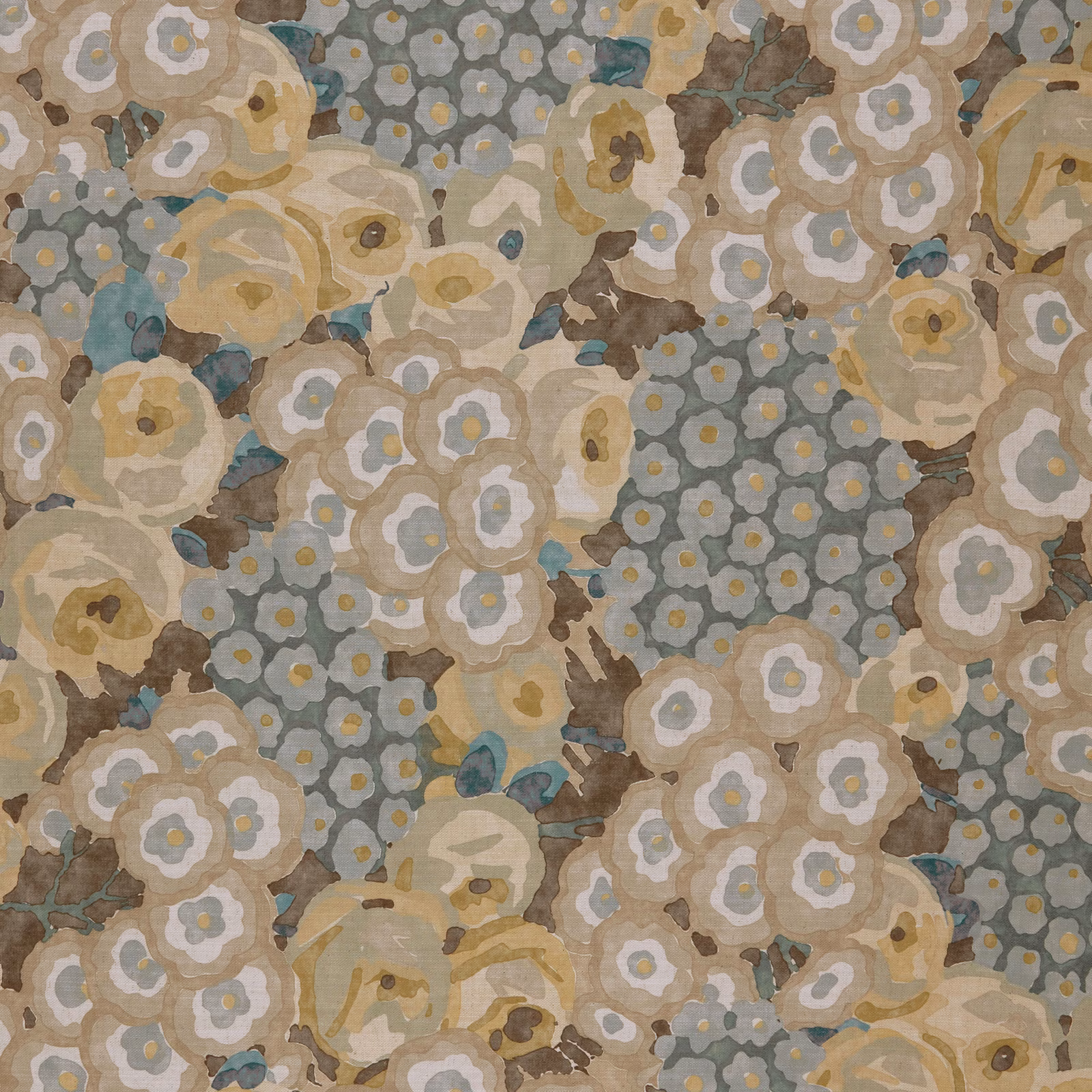 Muted cerulean blue-grey floral fabric with cream rosettes, taupe blooms and teal accents